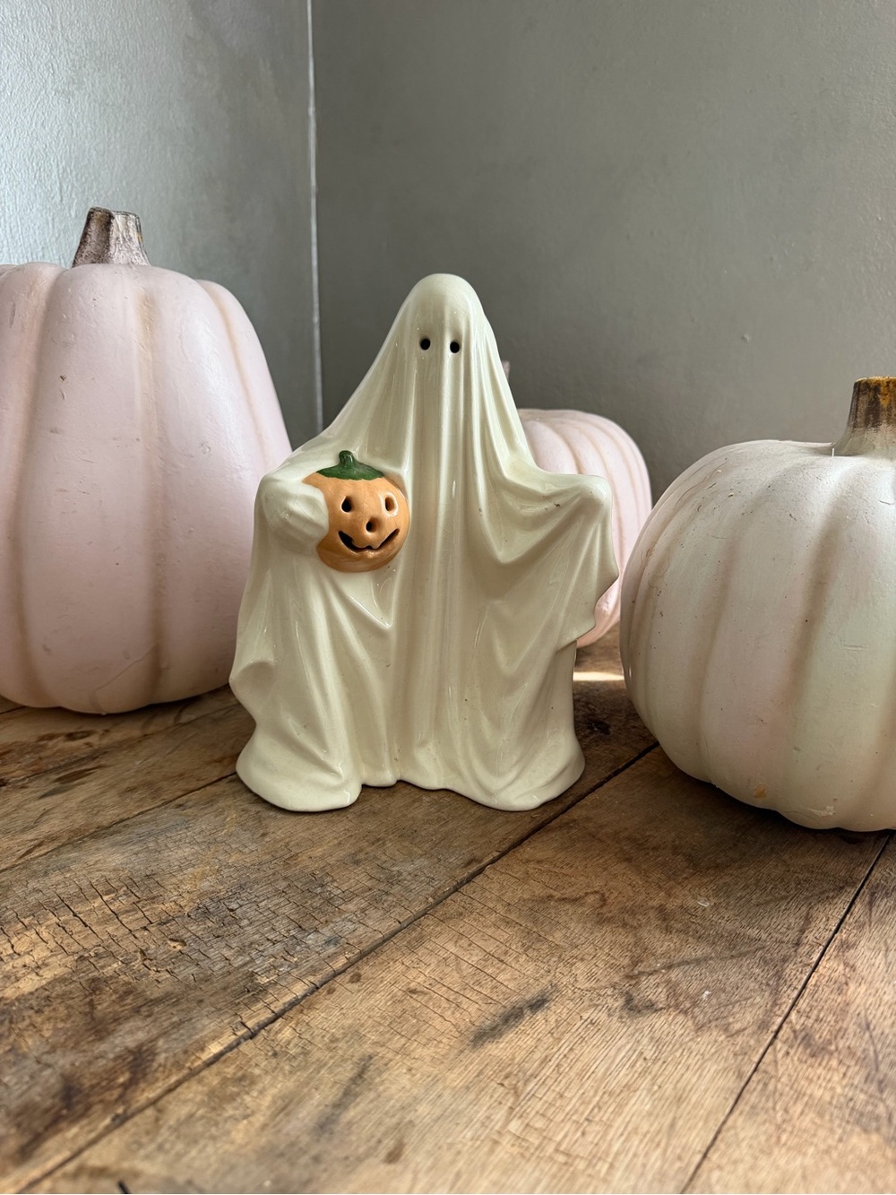 Vintage Ceramic Ghost Figurine with Pumpkin Lamp